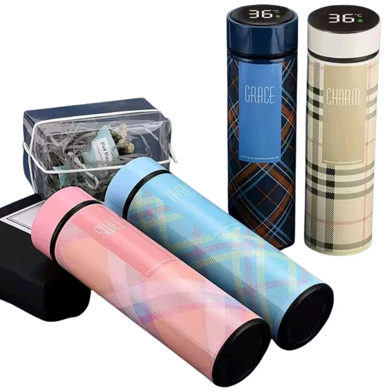 LED Temperature Display Water Bottle | Checkered Design | Smart Stainless Steel Vacuum 500ml Flask | Random Color - Image 2