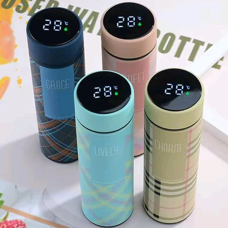 LED Temperature Display Water Bottle | Checkered Design | Smart Stainless Steel Vacuum 500ml Flask | Random Color