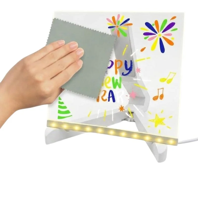 8x8 Inches LED Acrylic Writing Board with USB Light | 7 Colorful Erasable Pens | Message Board with Markers & Stand - Image 2