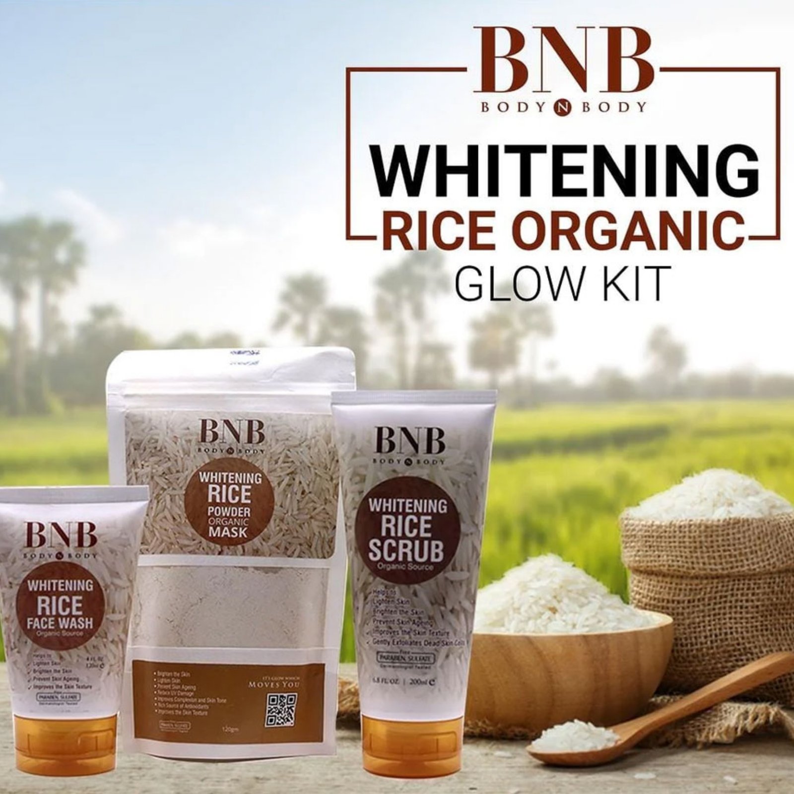 BNB Rice Extract Bright & Glow Facial Kit | 3-in-1 Whitening, Brightening & Hydrating Skincare - Image 3