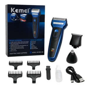 Kemei USB Electric Hair Clipper | Model KM-5560 | Rechargeable Hair Trimmer with Nose Trimmer Attachment | Professional Grooming Kit